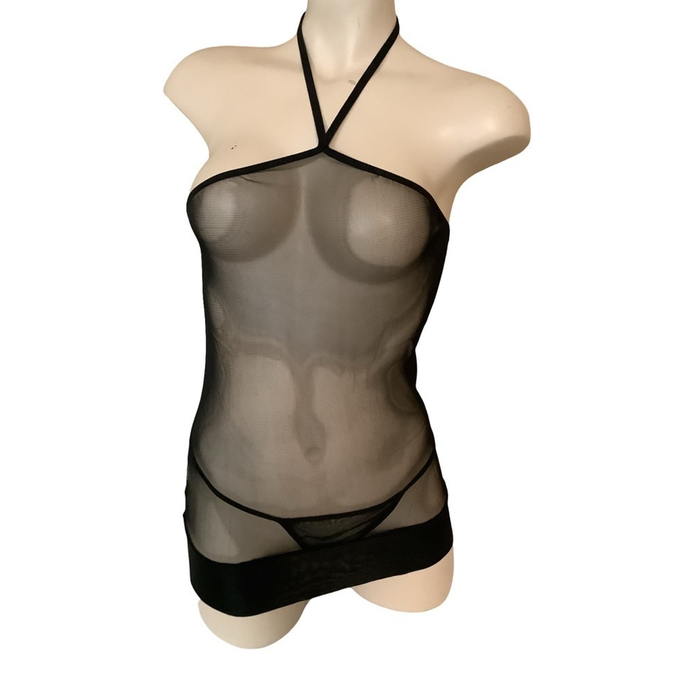 Mesh Size S/M Satin Trim Black Neck Tie  Lingerie & Matching G-String. 
New